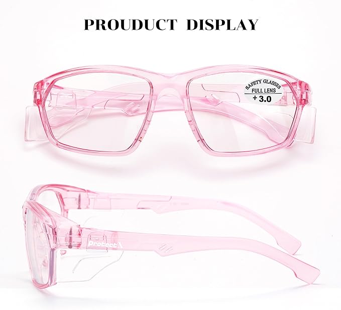 ProtectX Stylish Anti-Fog & Scratch-Resistant Safety Glasses With Readers, UV Protection Goggles, Anti-Impact Lightweight Glasses for Men＆Women Pink Reading 3.0-2 Pack