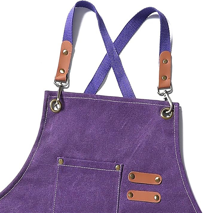 Chef Apron Medium-Thick Cotton Canvas,Cross Back with Multiple Pockets Adjustable Work Apron for Men and Women (Purple)