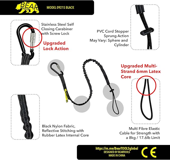 BearTOOLS Tool Lanyard with Single Carabiner and Adjustable Loop End, Standard Length, Maximum Weight Limit 8KG / 17.6lb, Aluminum Screw Lock Carabiner with Shock Cord Stopper, 0929S (10 Pack)