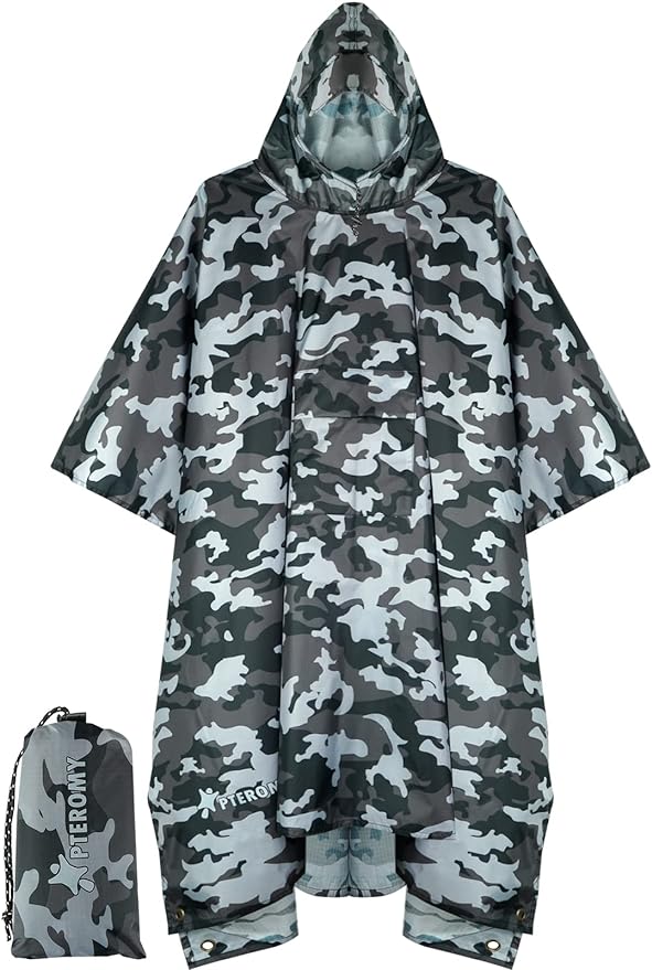 PTEROMY Hooded Rain Poncho for Adult with Pocket, Waterproof Lightweight Unisex Raincoat for Hiking Camping Emergency