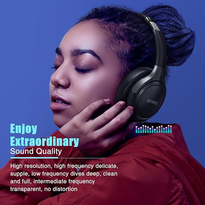 BERIBES Bluetooth Headphones Over Ear, 65H Playtime and 6 EQ Music Modes Wireless Headphones with Microphone, HiFi Stereo Foldable Lightweight Headsets(Black)