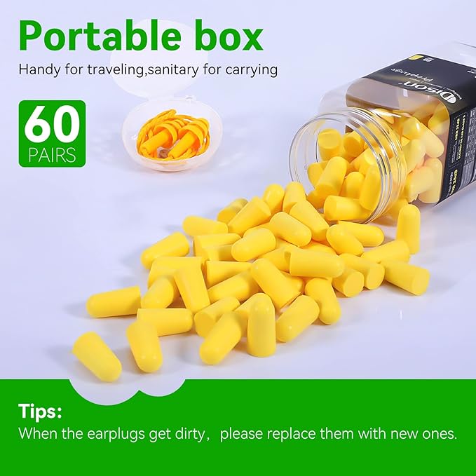 60Pairs Foam Earplugs, 38dB Noise Reduction Ear Plugs, Hearing Protection EarPlugs for Sleeping Noise Cancelling,Shooting Range, Work
