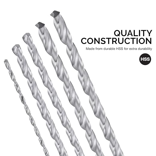 NEIKO 10047A Extra Long Drill Bit Set | 5-Piece | M2 HSS Steel | 12-Inch Length | 1/8, 3/16, 1/4, 5/16, and 3/8-Inch
