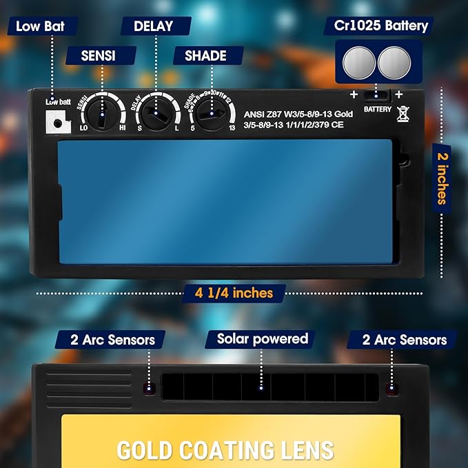 2x4 Auto Darkening Welding Lens, Gold Welding Filter Adjustable Shade 5-13, HD True Color Technology for Pancake and Pipeliner Welding Hoods, Fits Standard Welding Helmets (Thickness 5/16 Inch)
