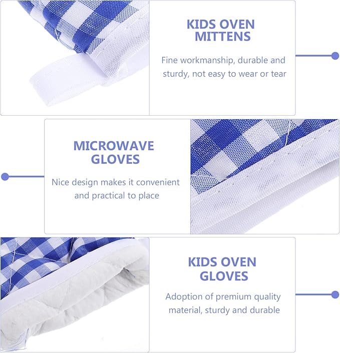 2Pcs Oven Mitts for Play Kitchen, Anti- Scald Gloves Microwave Oven Gloves Kitchen Mitts for Safe Baking Cooking ( Dark Blue Checkered )