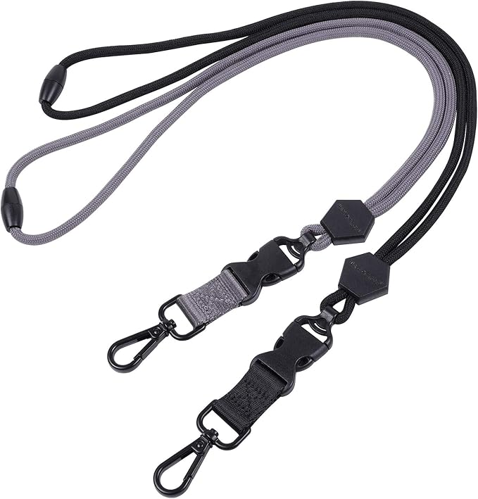 Wisdompro 2 Pack of 23 inch Durable Round Cord Heavy Duty Lanyard with Safety Breakaway Buckle, Detachable Buckle and Metal Hook for ID Card Badge Holder and Keys - Black and Gray