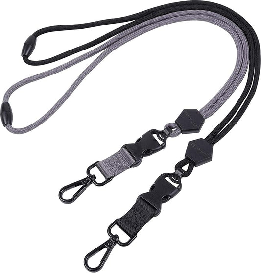 Wisdompro 2 Pack of 23 inch Durable Round Cord Heavy Duty Lanyard with Safety Breakaway Buckle, Detachable Buckle and Metal Hook for ID Card Badge Holder and Keys - Black and Gray