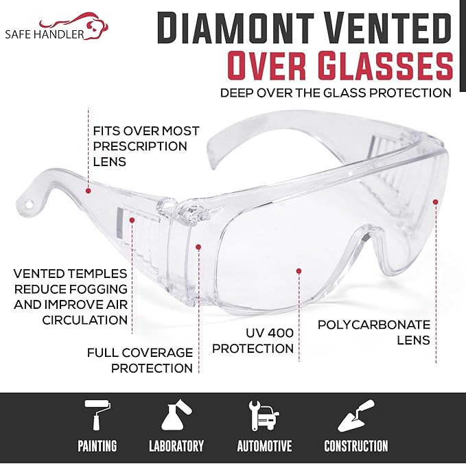BISON LIFE Diamont Vented Over Glasses Safety Glasses | Meets ANSI Z87.1, Impact Resistant Polycarbonate Lens