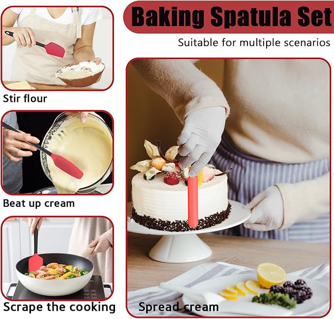 Oven Mitts with Heat-Resistant Hot Pads and Five Silicone Spatulas Designed for Kitchen Baking Cooking, Oven Glove Soft Cotton Lining, Waterproof, BPA-Free (Red, 15.7)