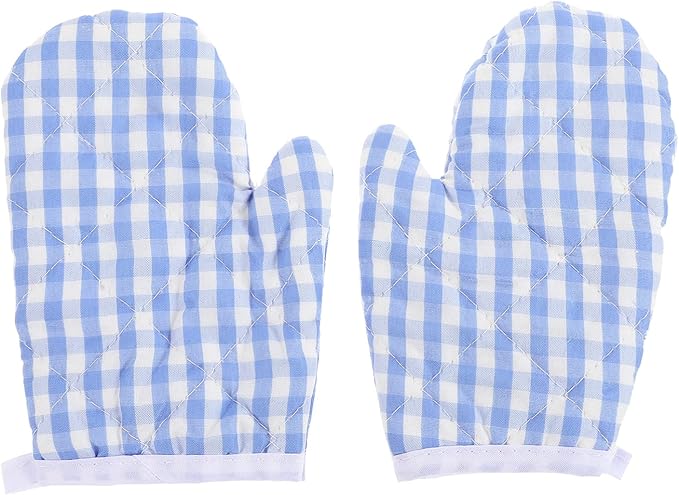 2Pcs Kids Oven Mitts for Children Play Kitchen, Anti- Scald Gloves Microwave Oven Gloves Kitchen Mitts for Kids Toddler Safe Baking Cooking (Light Blue Checkered)