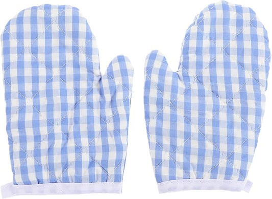2Pcs Kids Oven Mitts for Children Play Kitchen, Anti- Scald Gloves Microwave Oven Gloves Kitchen Mitts for Kids Toddler Safe Baking Cooking (Light Blue Checkered)