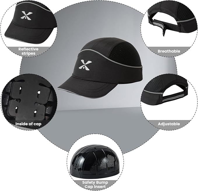 TIHEEN Unisex Safety Bump Cap, Baseball Hat Style with Reflective Stripes Lightweight and Breathable Hard Hat Head Protection Cap
