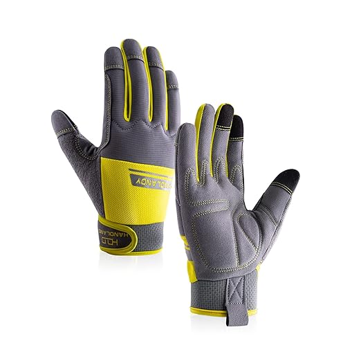 HANDLANDY Work Gloves Mens & Women, Utility Safety Mechanic Working Gloves Touch Screen, Flexible Breathable Yard Work Gloves (Small, Grey&Yellow)