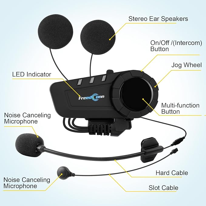 FreedConn KY PRO Motorcycle Helmet Bluetooth Headset, Motorcycle Communication Systems with CVC Noise Cancellation, Stereo Music, 6 Riders 0.75mi/1200m intercom, Dual Device Connection, IP65, 2 Pack