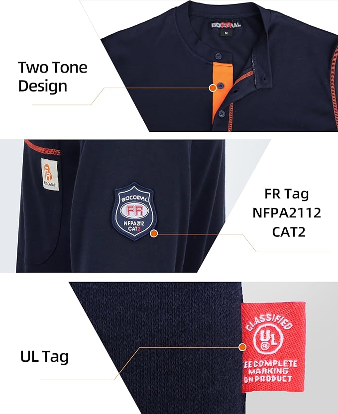 BOCOMAL FR Shirts Flame Resistant Henley Shirt NFPA2112/CAT2 7oz Men's Long Sleeve Fire Retardant Clothing