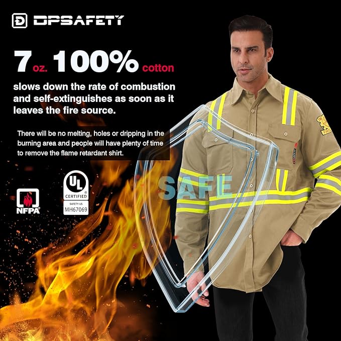 FR Shirts for Men 7oz High Visibility Fire Resistant Shirts NFPA CAT2 Welding Shirt 100% Cotton Hi Vis Flame Resistant Shirt Khaki(Small)