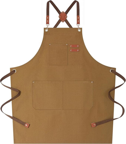AFUN Chef Aprons for Women Men with Large Pockets, Cotton Canvas Cross Back Water Repellent Work Apron, Size M to XXL (Brown)