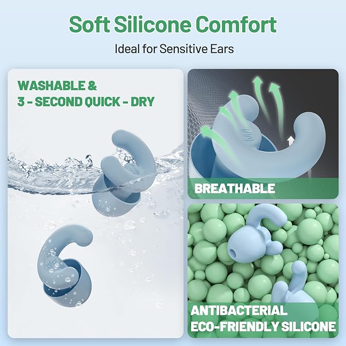 Ultra-Soft Noise Cancelling Ear Plugs, Reusable Silicone for Sleep Concerts Travel Office,33dB (NRR),Ergonomic Integrated Design Fit for Small Ear Canals Noise Sensitivity (Blue, 4 Pairs)