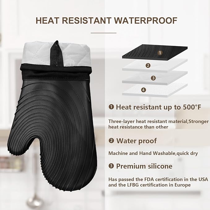 Silicone Oven Mitts-13.6 in Extended Oven Mitts Heat Resistant 500F, Oven Gloves with Soft Liner Good Grippy BPA-Free Easy to Clean Flexible-Oven Mits Set for Cooking Baking Grilling BBQ