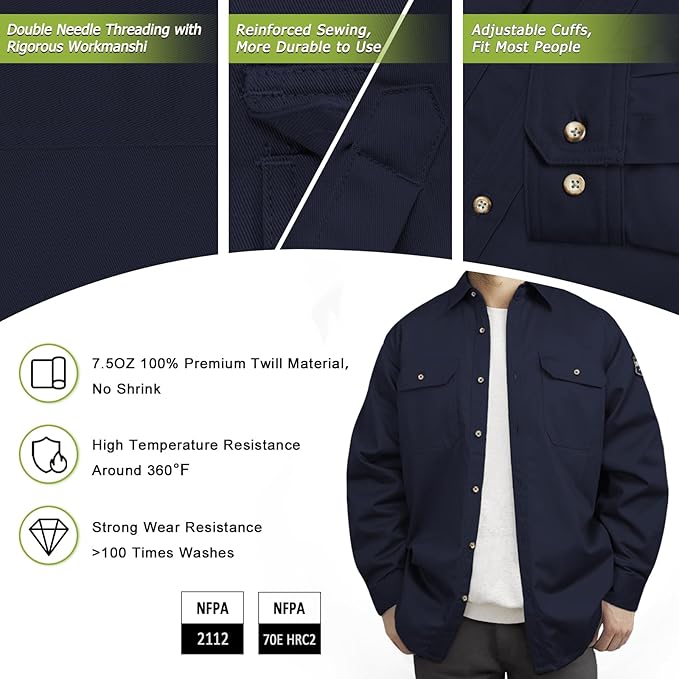 Welding Shirt 7.5oz FR Shirts, 100% C Flame Resistant Work Shirt with Reinforced Sewing, Men's Fire Retardant Welding Shirt, Durable Welding Accessories, Meets NFPA2112, Navy-ZRND M