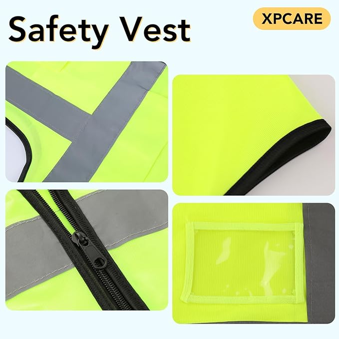 XPCARE 10-Pack Hi Vis Reflective Safety Vest with Pockets, Green High Reflective Strips Zipper Work Vest for Men and Women(Large)