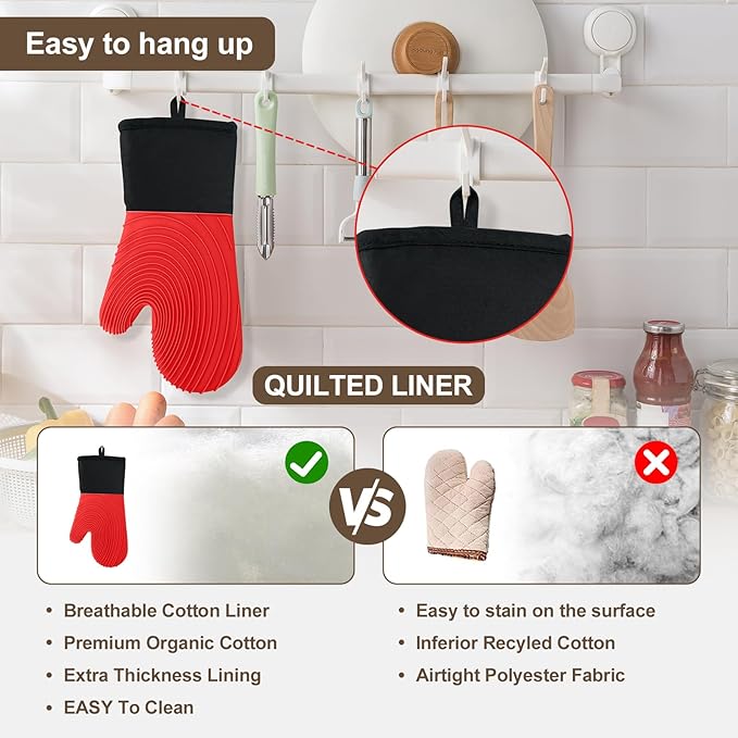 Silicone Oven Mitts-13.6 in Extended Oven Mitts Heat Resistant 500F, Oven Gloves with Soft Liner Good Grippy BPA-Free Easy to Clean Flexible-Oven Mits Set for Cooking Baking Grilling BBQ