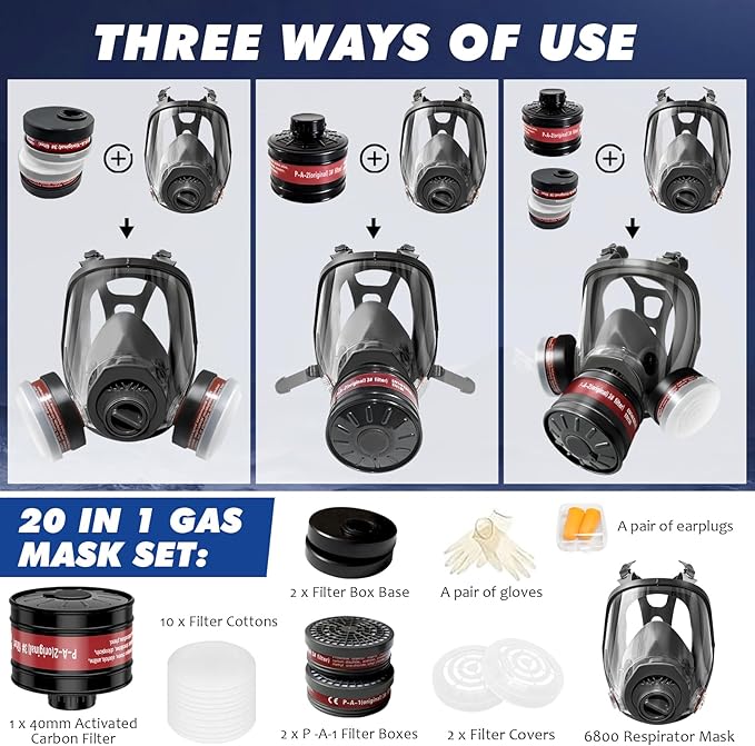 Full Face Gas Masks Survival Nuclear and Chemical, Reusable Full Face Respirator Gas Mask with Activated Carbon Filter
