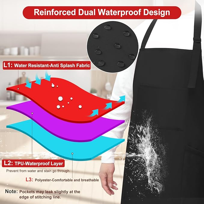 3 Pcs Dual Waterproof Oilproof Kitchen Chef Aprons with 4 Pockets for Men Women, Adjustable Soft Anti-Tear Cooking Bib Apron for Baking Grilling BBQ Painting Cleaning (Black)
