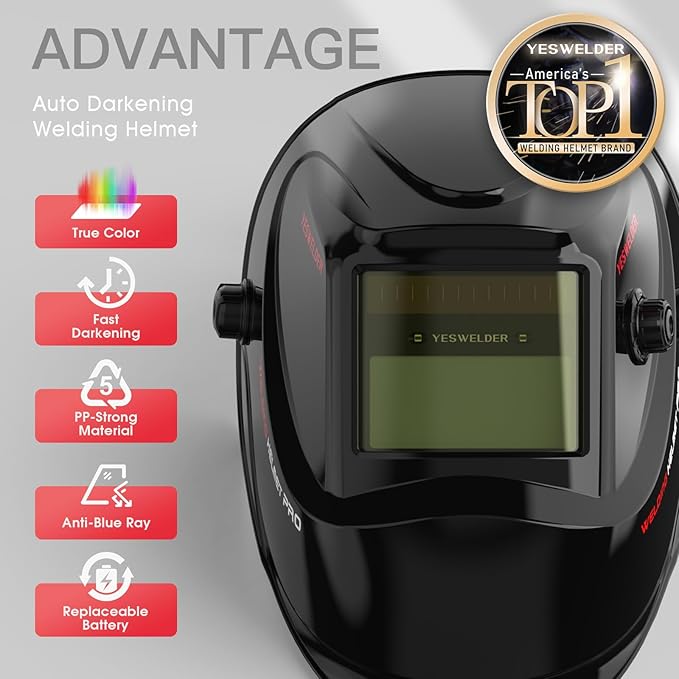 YESWELDER Auto Darkening Welding Helmet, Blue Light Blocking, 1/1/1/1 True Color Solar Powered Welding Hood with 2 Arc Sensors, Wide Shade 3.5/9-13 Welder Mask for TIG MIG ARC and Grind