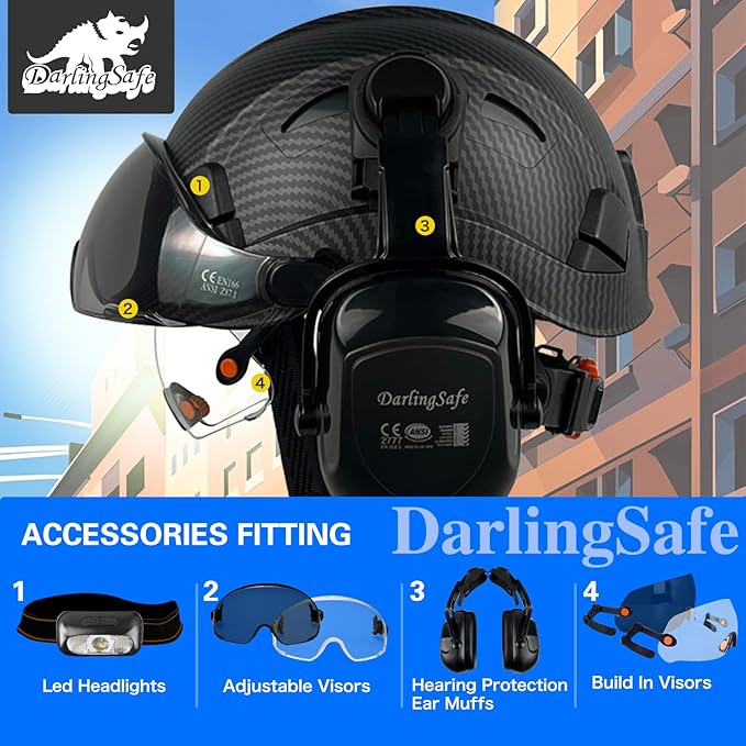 DS-A8S Matte Black Hard Hats with Visor Ear Muffs Safety Helmet Outdoor Work Head Protection ANSI Z89.1 OSHA Approved Industrial Forestry
