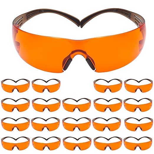 3M Safety Glasses, SecureFit, 20 Pack, ANSI Z87, Scotchgard Anti-Fog Anti-Scratch, Orange Lens, Brown/Black Frame, Flexible Temples