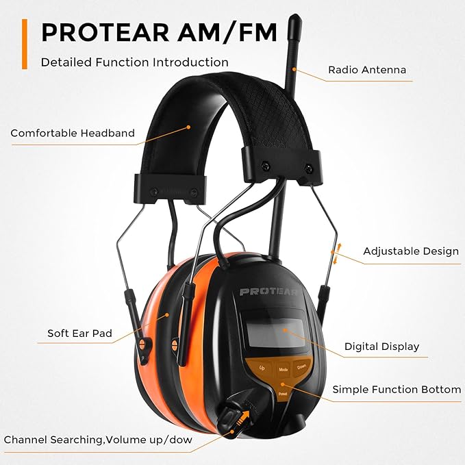AM/FM Bluetooth Radio Headphones 25dB NRR,Noise Reduction Safety Earmuffs,Digital Display Headset,Built-in Mic,Rechargetable Ear Hearing Protection for Walkman Mowing,Lawn,Work(Orange)