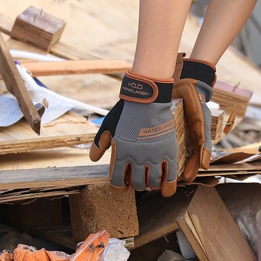 HANDLANDY Leather Work Gloves Mens & Women, Utility Safety Mechanic Working Gloves Touch Screen, Flexible Breathable Yard Work Gloves (XXL, Brown-Cowhide Palm)