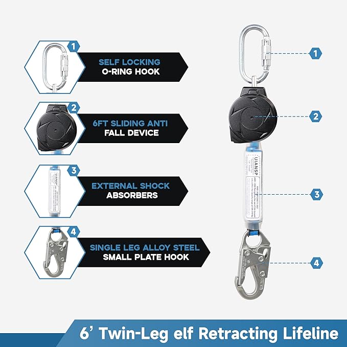 6FT Self Retracting Lifeline Fall Protection Retractable Safety Lanyard Rectracting Lifeline Personal Fall Arrest Protection ANSI Self Retractable Gear for Roofing Construction(Small Hook)