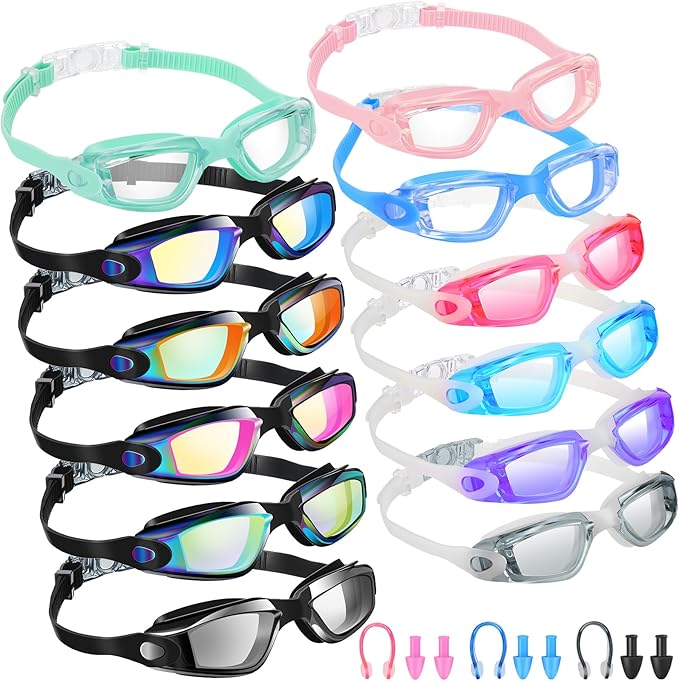 Xuhal 12 Pack Swim Goggles for Adult Anti Fog Swimming Glasses Leak Proof Swim with 12 Waterproof Nose Clips
