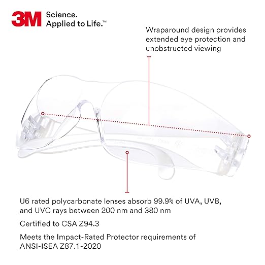 3M Safety Glasses, Virtua, Pack of 100, ANSI Z87, Unisex, Clear Hard Coat Lens, Clear Frame, Economical Eyewear Protection, Lightweight, Wraparound Coverage, UVA, UVB, UVC