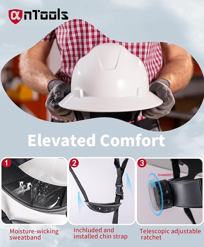 White Full Brim Hard Hat, OSHA Approved Construction Helmets for Men, 4-Point Adjustable Suspension, ANSI Z89.1
