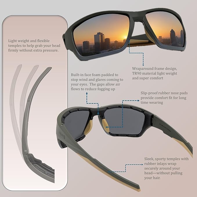Polarized Riding Sunglasses Foam Padded Wraparound Fit Men Women Motorcycle Driving Running Cycling Fishing