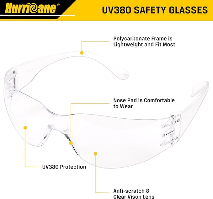 HURRICANE Clear Safety Glasses - 24 Pc Safety Goggles with Clear Lens, 98% UV380 blocking, Scratch Impact Resistance Wrap Around Eyewear for Work, Lab, Construction Use