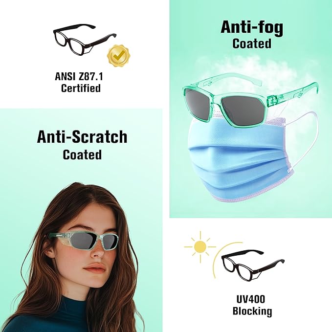 ProtectX Stylish Anti-Fog & Scratch-Resistant Safety Glasses With Readers, UV Protection Goggles, Anti-Impact Lightweight Glasses for Men＆Women Jade Tinted Smoke - 2 Pack