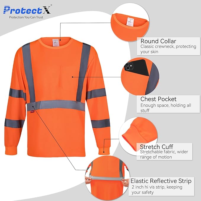 ProtectX Men's High Visibility Heavy Duty Long Sleeve Reflective Safety T-Shirts for Construction, Class 2-3 Type R
