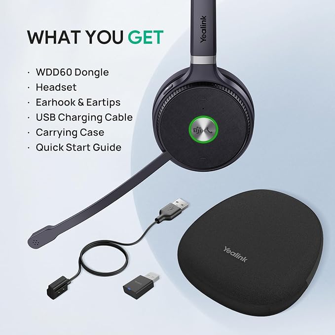Yealink WH62 Portable Wireless Headset with DECT Dongle, 393 ft,Teams, Zoom Skype Certified, Office Work Headphones with 2X Noise Cancelling Mic, 13H Call Time, (Computer, Desk Phone)