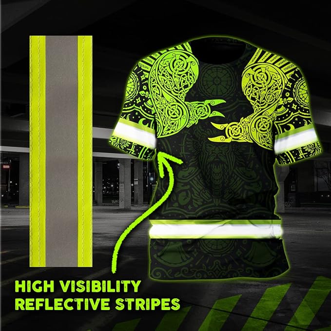 Matedecor Skull High Visibility Shirt Men Reflective Safety Shirts US Flag Custom Name Workwear, Runners, Walkers, Patriotic