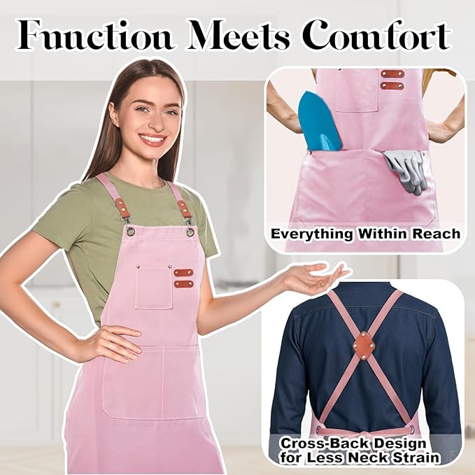 Chef Apron for Men Women with Pockets,Cross Back Cotton Canvas Plus Size Apron for Cooking BBQ Baking Gardening