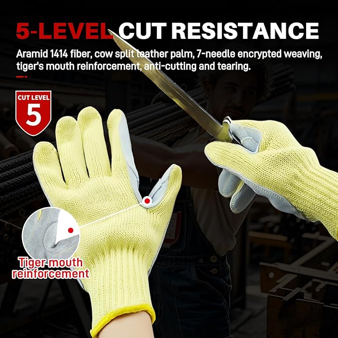 Heat Cut Resistant Gloves,Aramid leather Oven Gloves with Fingers,Heat Resistant Up to 450°F, Thick Knit Design- Grill Mitts for Men & Women(Aramid leather, Small)