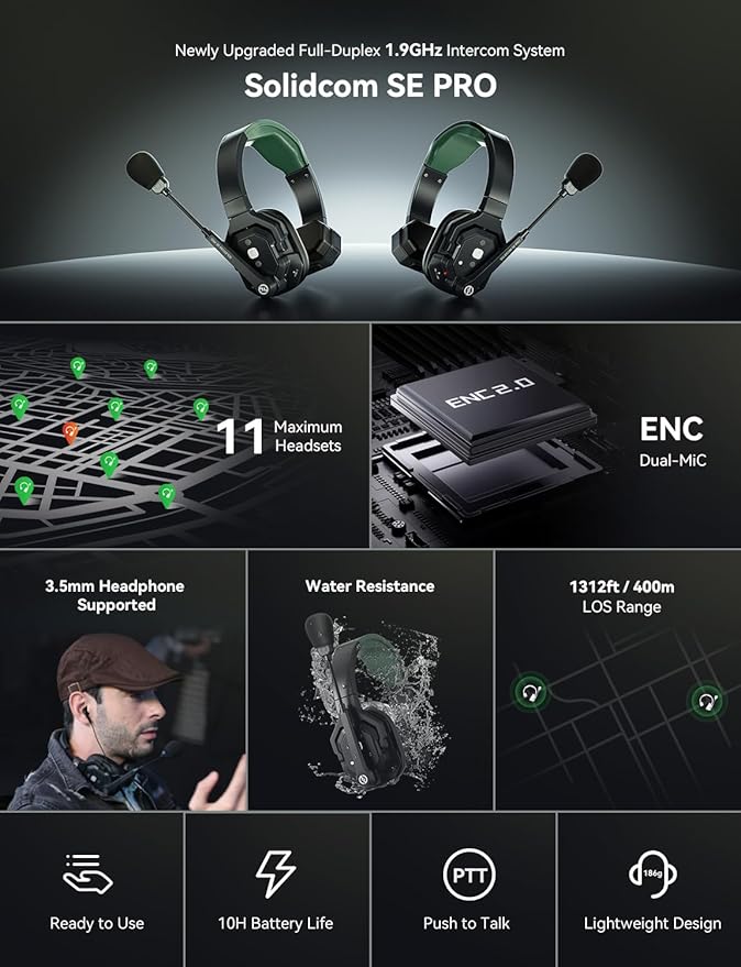 Hollyland Solidcom SE PRO 9-Users ENC Noise Cancellation Wireless Intercom Headset System 1312ft Team Communication with 3.5mm Single Ear Headset for Movie Shoot Live Show (1.9GHz Version)