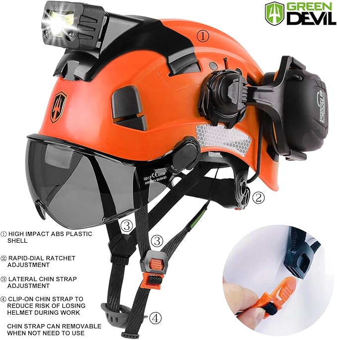 GREEN DEVIL Hard Hat Safety Helmet with Visor Bluetooth Ear Muffs and Headlamp 5 in 1 Full Protection Vented Work Hardhat ANSI Z89.1 Cascos De Construccion for Industrial Construction Forestry