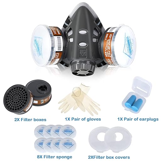 Reusable Face Cover with Filters Set -Active Carbon Respirator for Painting Against Gas/Dust/Organic Vapors/Smells/Fumes/Sawdust/Asbestos Suitable for Painting,Staining,Car Spraying,Sanding &Cutting