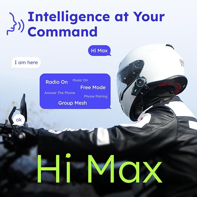 D10 Motorcycle Bluetooth Headset V5.4 – 4-Rider Helmet Intercom with App & AI Voice Control, HD Speakers, ENC/DSP Noise Canceling, Audio Multitasking, FM Radio, IPX7 Waterproof, 1 Pack