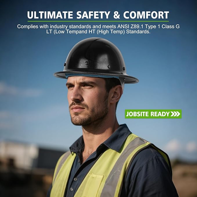 GREEN DEVIL Fiberglass Full Brim Hard Hat OSHA & ANSI Rated Fiber Hardhat for Men with Brim Guard